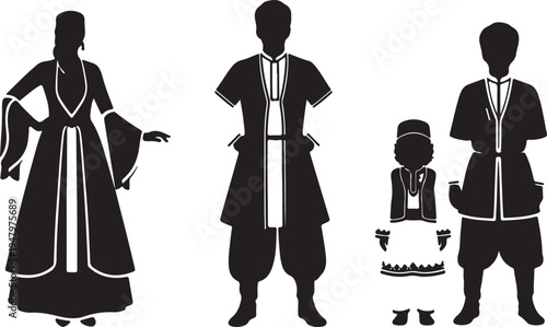 Black Silhouettes of Family in Traditional Folk Costumes Vector Illustration isolated PNG with Transparent Background