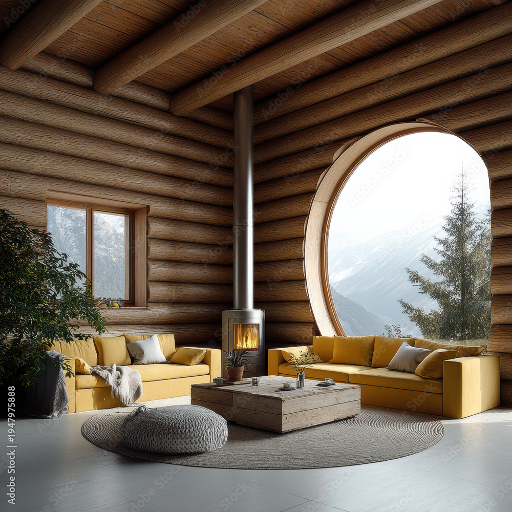 Fototapeta premium Cozy log cabin living room with large round window, yellow sofa, wood stove, mountain view, and natural wood interior design