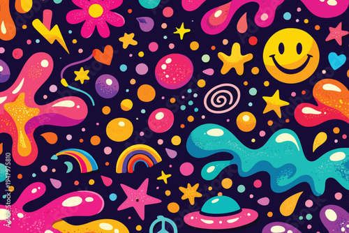 Playful colorful doodle pattern with stars, shapes, swirls and pop art elements on dark background.