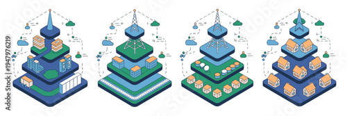 Technological urban system pyramid vector – Suitable for modern infrastructure guides, data flow diagrams, or city management tools.