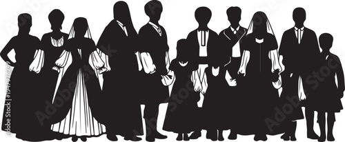 Vector Illustration of Black Silhouettes: Group of People in Traditional Historical Clothing isolated PNG with Transparent Background