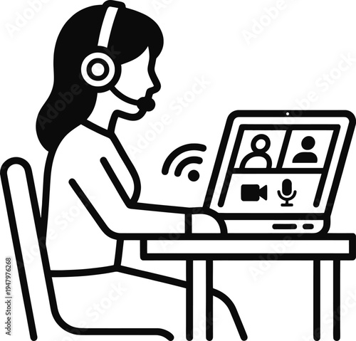 Woman wearing headset sitting at desk with laptop computer online video conference call
