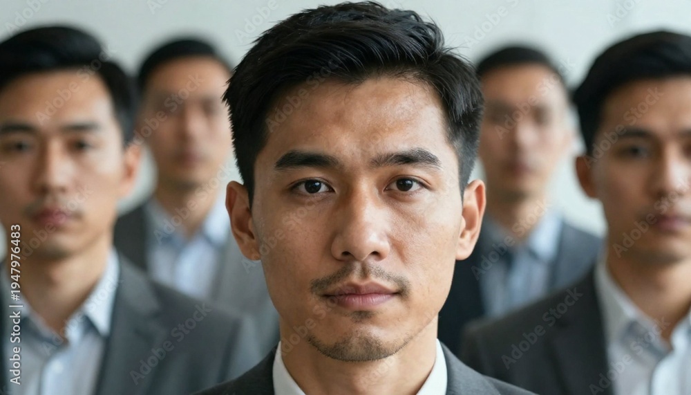 Fototapeta premium close-up photo of different ethnic businessmen in a blurry office, looking at camera