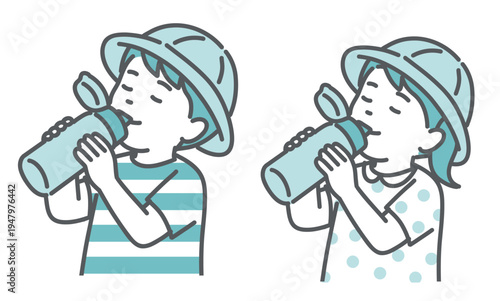 帽子をかぶって水筒で水分補給をする男女2人の子供のイラスト