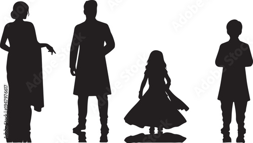 Black Silhouette of Indian Family in Traditional Dress, Isolated Vector for Design isolated PNG with Transparent Background