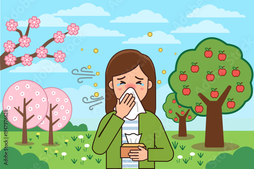 Vector illustration of a sad woman blowing her nose into a tissue in a park, suffering from spring pollen allergy and sneezing.