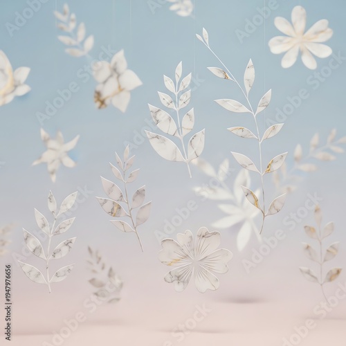 Digital illustration of white flowers and leaves floating against a soft, gradient blue and pink background with a subtle shadow effect.