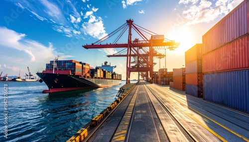 コンテナとクレーンが並ぶ日本の国際貿易港に接岸するコンテナ船