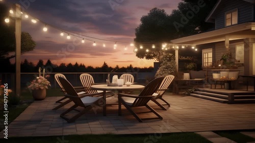 Inviting backyard patio with string lights and a dining set at dusk.