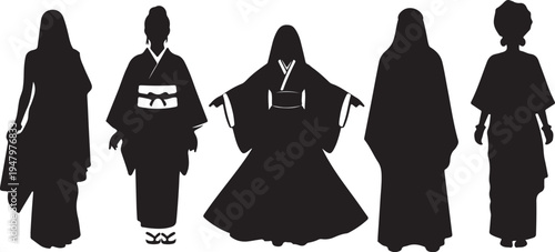 Isolated Black Vector Silhouettes Set of Women in Traditional and Cultural Dresses isolated PNG with Transparent Background
