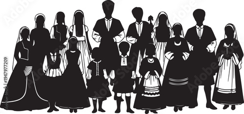 Black vector silhouettes of people in traditional folk clothing. Group portrait with men, women, and children. isolated PNG with Transparent Background