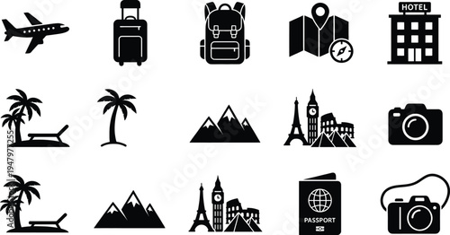 Set of travel and tourism icons and symbols for design and decoration purposes only