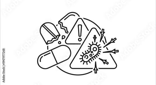 Antibiotic Resistance Concept: Bacteria Attacking Broken Pill, Warning Sign