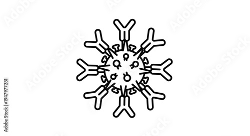 Antibody attacking virus particle, immune system defense concept, line art illustration