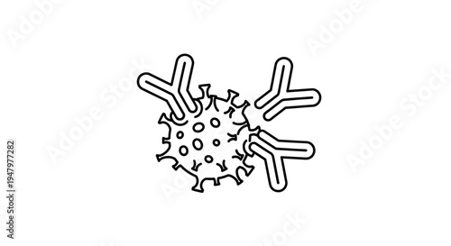 Antibodies attacking virus particle, immune system response, medical illustration