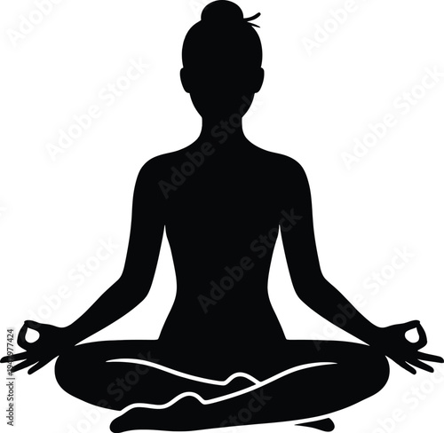 Woman in lotus position sitting in meditation on white background