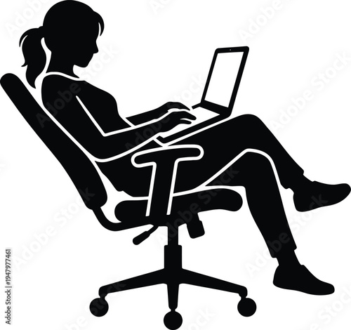 Woman sitting on office chair working on laptop computer isolated on transparent background