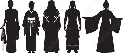 Set of Black Traditional Asian Costume Silhouettes Vector Illustration isolated PNG with Transparent Background