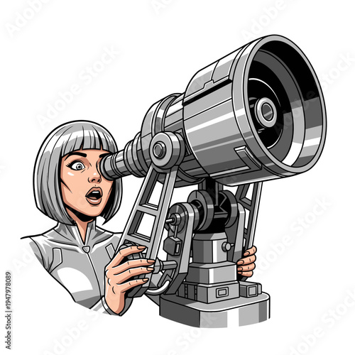 Surprised woman looking through large telescope illustration