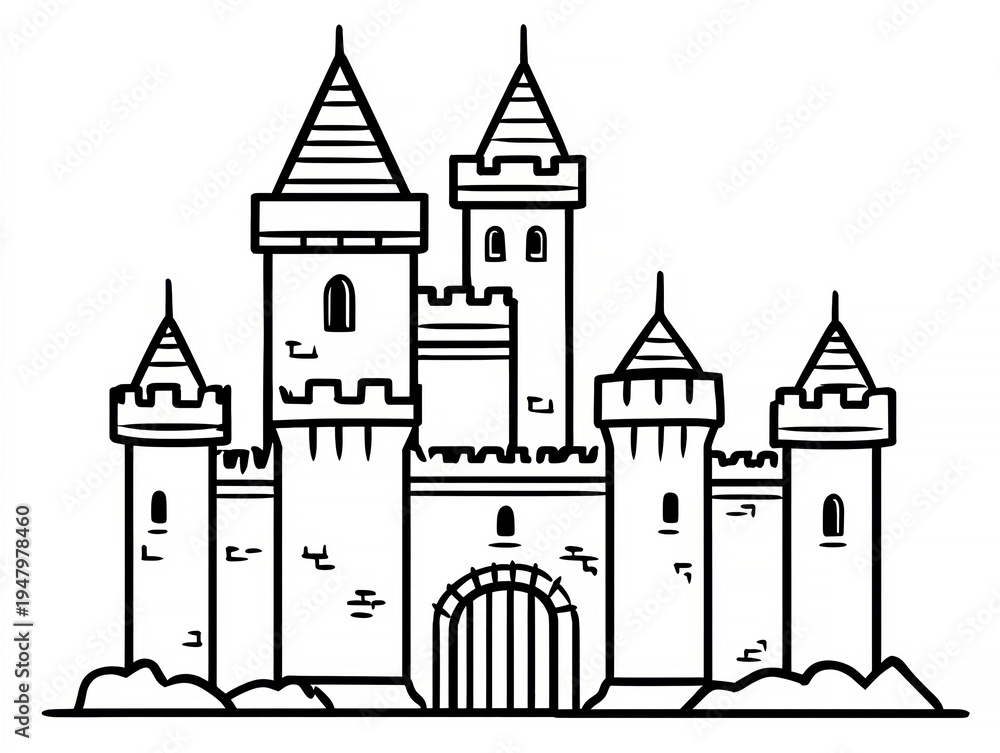 Fototapeta premium Black and white illustration of a medieval castle with two towers, crenellations, archway, drawbridges, windows, and a flat appearance suitable for coloring - AI-Generated