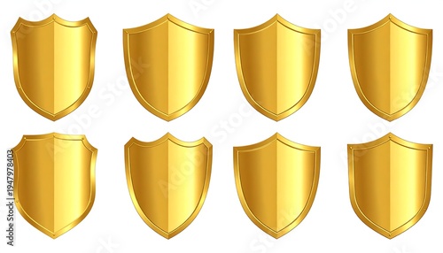 Eight glossy golden shields of varying shapes in a 4x2 grid, shimmering in warm light