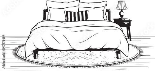 Cozy Bedroom Interior Line Art Illustration, Bed and Furniture Coloring Page