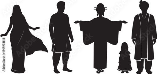 Set of Diverse People Vector Silhouettes in Traditional Cultural Clothing isolated PNG with Transparent Background