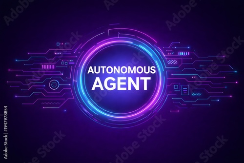 Autonomous agent concept displayed on glowing purple neon circular interface with futuristic circuit background illustrating advanced artificial intelligence systems.
