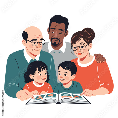 Family looking at photo album together illustration