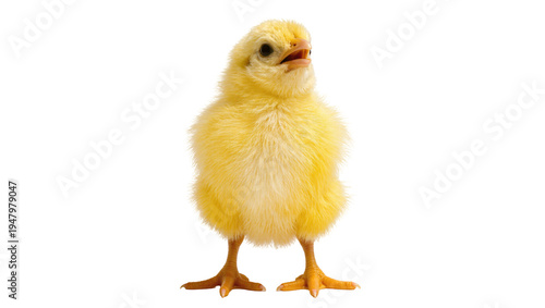 Isolated cute fluffy yellow baby chick standing upright, an adorable and charming young domestic poultry.