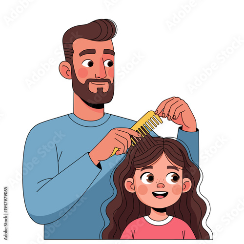 Father brushing daughter hair parenting care illustration