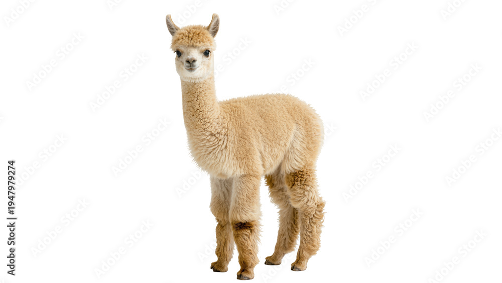 Fototapeta premium Isolated young fluffy alpaca standing with head turned towards camera in studio