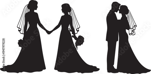 Isolated Wedding Couple and Two Brides Silhouette Vector Set isolated PNG with Transparent Background