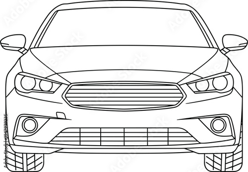 Minimalist front view car outline illustration in black and white featuring clean lines and a modern sedan design aesthetic ideal for automotive coloring pages