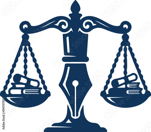 Scales of justice with pen nib logo, law and education balance icon for legal service or notary