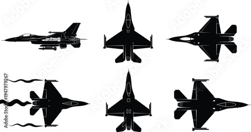 Detailed Black Silhouette Vector Illustration of F-16 Fighting Falcon Jet Fighter in Multiple Flight Angles Top View Side View and Aerobatic Maneuver