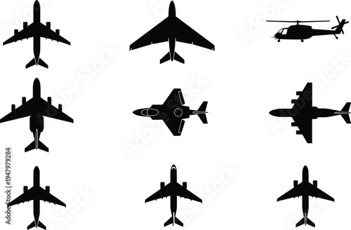Comprehensive collection of airplane silhouettes and aircraft icons in top view including passenger planes military jets and helicopter isolated on white background for aviation design