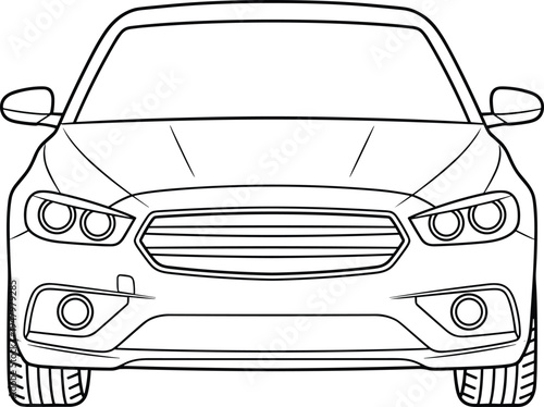 Modern luxury sedan car front view line art illustration featuring sleek headlights and minimalist grille design perfect for coloring books and digital design projects.