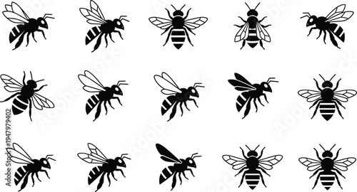 Collection of Minimalist Black Honey Bee Icons and Vector Silhouettes in Various Poses for Nature Branding Honeycomb Graphic Design Honeybee Illustration and Apiary Logos