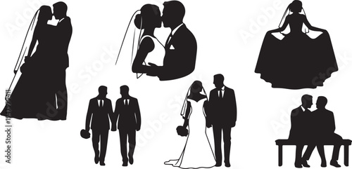 Set of Diverse Wedding and Married Couple Silhouettes. Black Vector Graphics. isolated PNG with Transparent Background