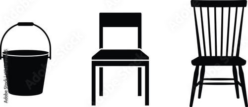Vector Silhouette Collection of Household Objects Featuring a Pail Bucket Modern Desk Chair and Classic Wooden Spindle Dining Chair Isolated on a White Background