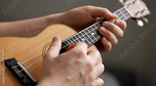 Hands playing a beautiful wooden ukulele with focus on the instrument's neck