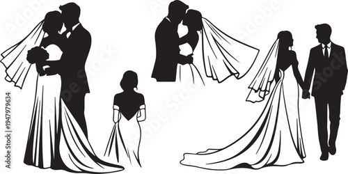 Elegant Wedding Couple and Flower Girl Silhouettes Set. Romantic Bride and Groom Vector Graphics. isolated PNG with Transparent Background