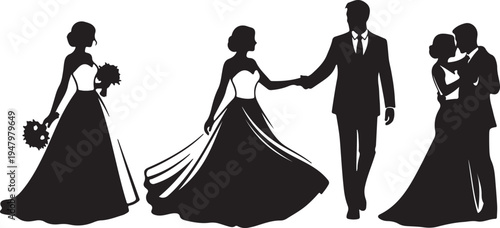Elegant Black Wedding Couple Silhouettes in Various Poses Vector Illustration isolated PNG with Transparent Background