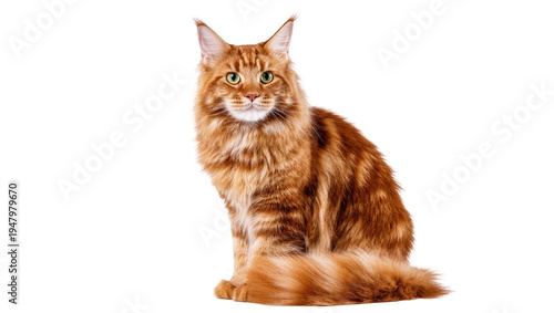 Isolated magnificent ginger tabby Maine Coon cat with green eyes sitting and looking forward