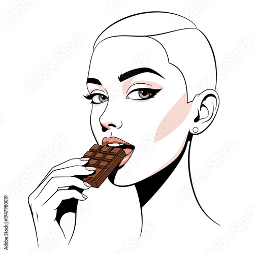 Woman biting chocolate bar portrait illustration