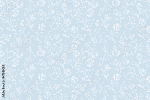 Seamless rose floral pattern with delicate white line art flowers, leaves, and swirling vines on a soft blue background. Elegant botanical design for wallpaper, fabric, and prints.