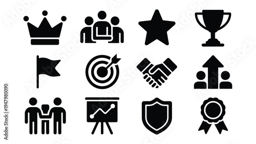 Business success icons set including crown star trophy handshake target and shield on white background for marketing and finance concepts