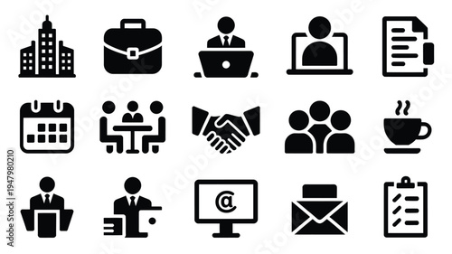 Business and corporate office icons silhouette style on white background representing various professional concepts