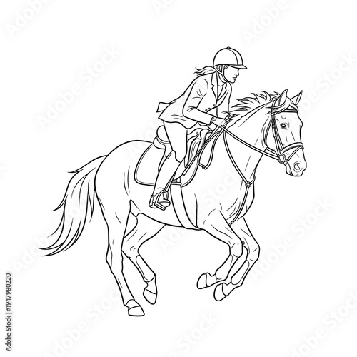Equestrian rider on horse line art illustration